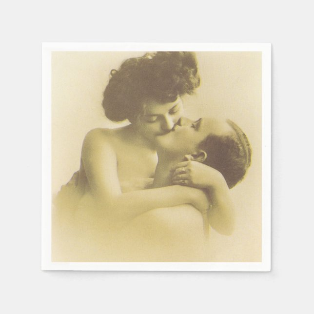 Vintage love couple kissing sepia illustration napkin (Front)