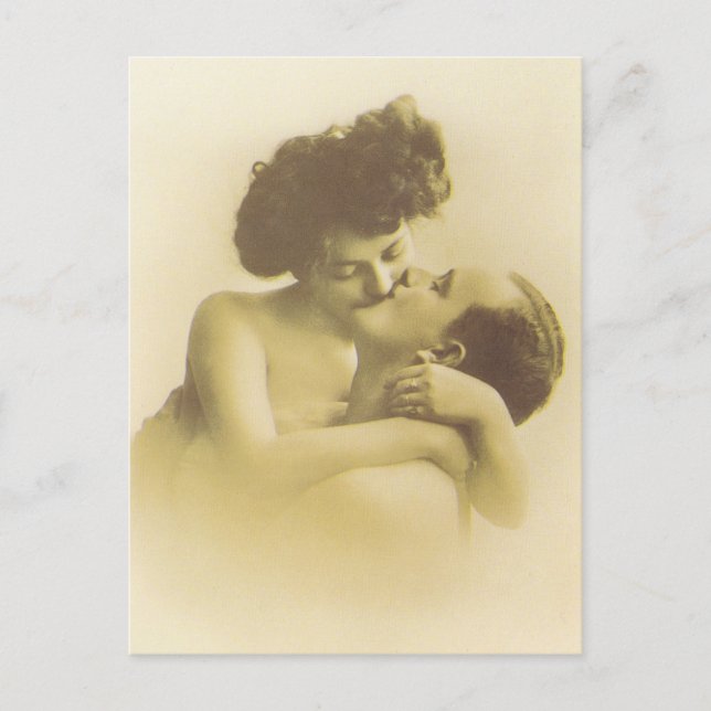 Vintage love couple kissing sepia illustration postcard (Front)