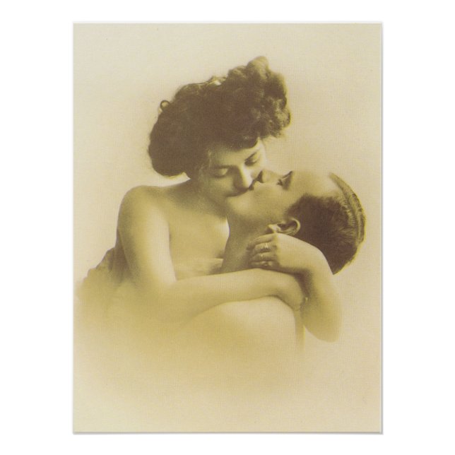 Vintage love couple kissing sepia illustration poster (Front)