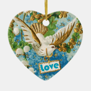 Vintage Love dove blue white flowers ornament