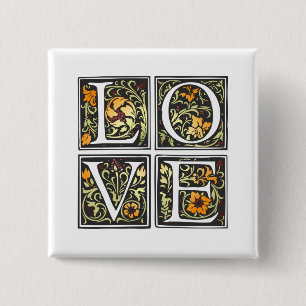 Vintage Love Floral Typography Pin Button