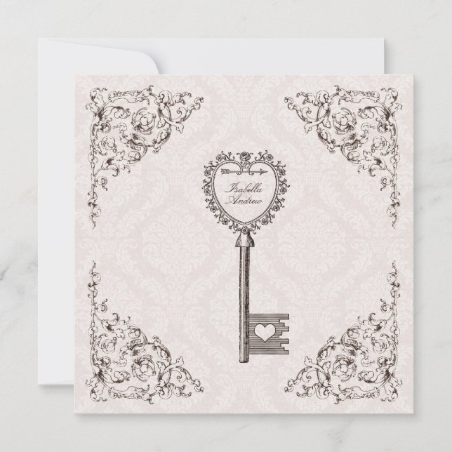 Vintage Love Key Wedding Invitation #V1 (Front)