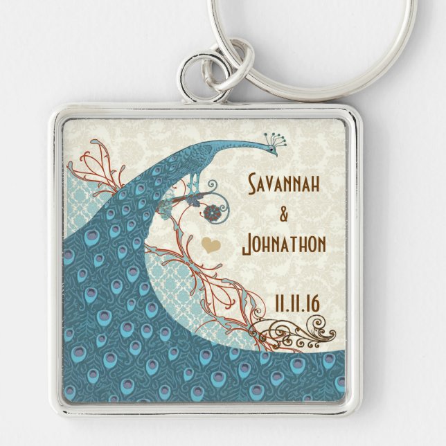 Vintage Love Peacock Wedding Key Chain (Front)
