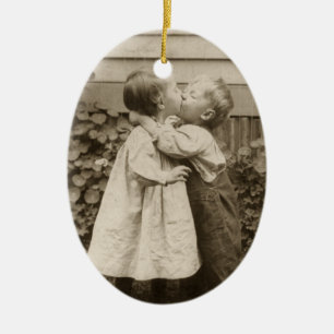 Vintage Love Photo of Children Kissing in a Garden Ceramic Tree Decoration