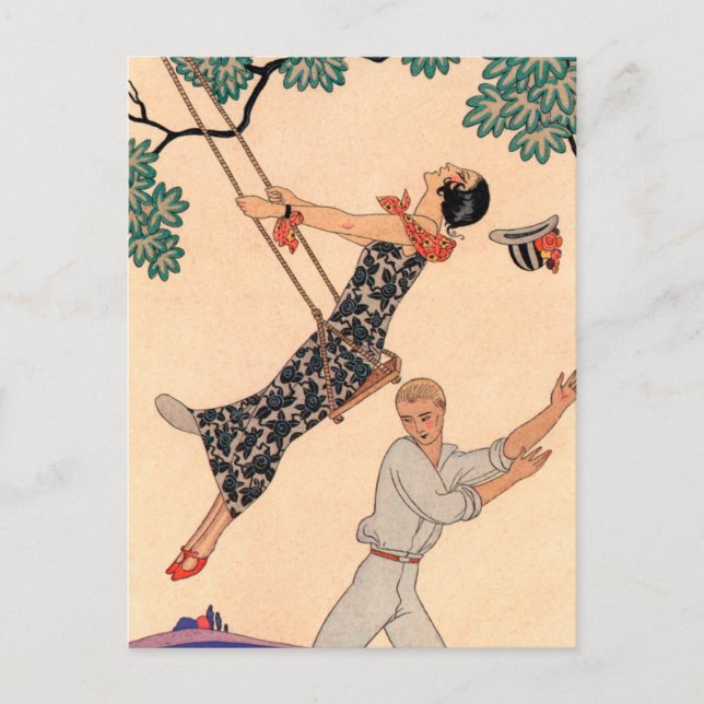 Vintage Love Romance, Escarpolette Swing Barbier Postcard (Front)