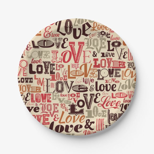 Vintage Love Typography Paper Plate (Front)