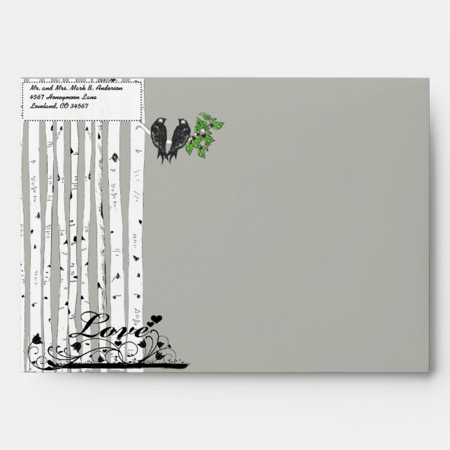 Vintage Lovebird Birch Tree Wedding Envelopes (Front)
