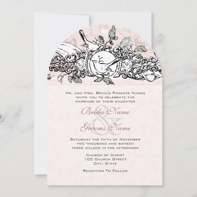 Vintage Lovebird Pink Musical Scroll Wedding Invitation (Back)