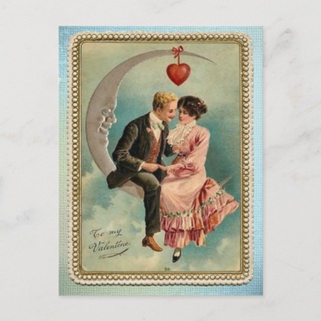 Vintage Lovers on a Moon Valentine's Day Postcard (Front)