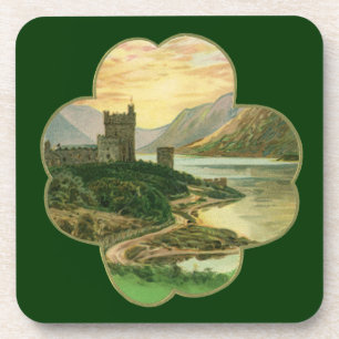 Vintage Lucky Gold Shamrock with an Irish Castle Coaster