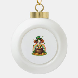 Vintage Lucky Leprechaun Puppy Rainbow Pot of Gold Ceramic Ball Christmas Ornament