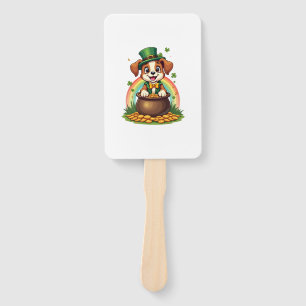 Vintage Lucky Leprechaun Puppy Rainbow Pot of Gold Hand Fan