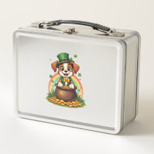 Vintage Lucky Leprechaun Puppy Rainbow Pot of Gold Metal Lunch Box