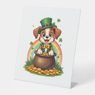 Vintage Lucky Leprechaun Puppy Rainbow Pot of Gold Pedestal Sign