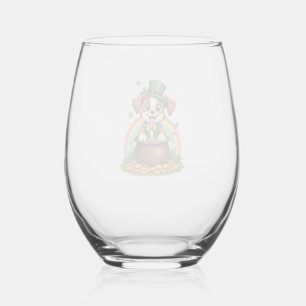 Vintage Lucky Leprechaun Puppy Rainbow Pot of Gold Stemless Wine Glass