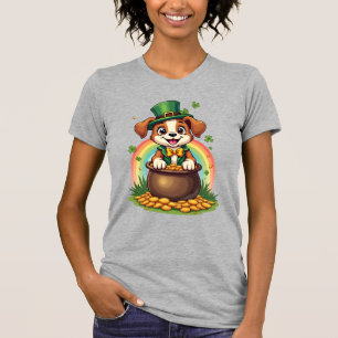 Vintage Lucky Leprechaun Puppy Rainbow Pot of Gold T-Shirt