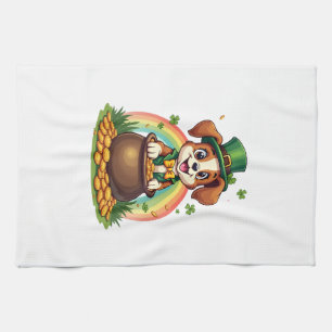 Vintage Lucky Leprechaun Puppy Rainbow Pot of Gold Tea Towel
