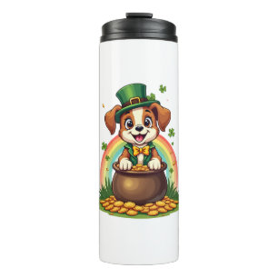 Vintage Lucky Leprechaun Puppy Rainbow Pot of Gold Thermal Tumbler