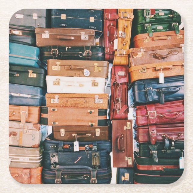 Vintage Luggage Baggage Square Paper Coaster (Front)