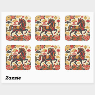 Vintage Lunar Horse   Chinese New Year Square Sticker