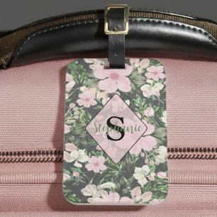 Vintage Lush Pink Botanical Monogram Luggage Tag