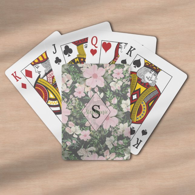 Vintage Lush Pink Botanical Monogram Playing Cards (Creator Uploaded)