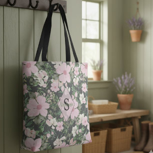 Vintage Lush Pink Botanical Monogram Tote Bag
