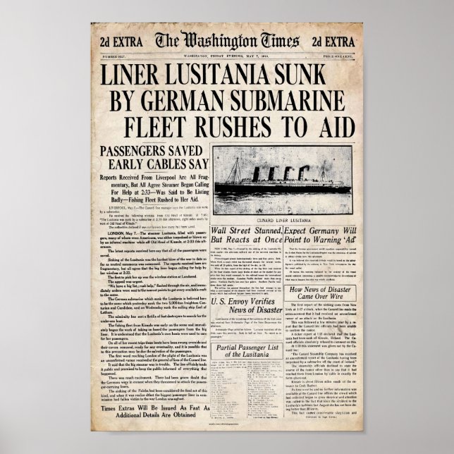 Vintage Lusitania Sinking Newspaper Headline Poster (Front)
