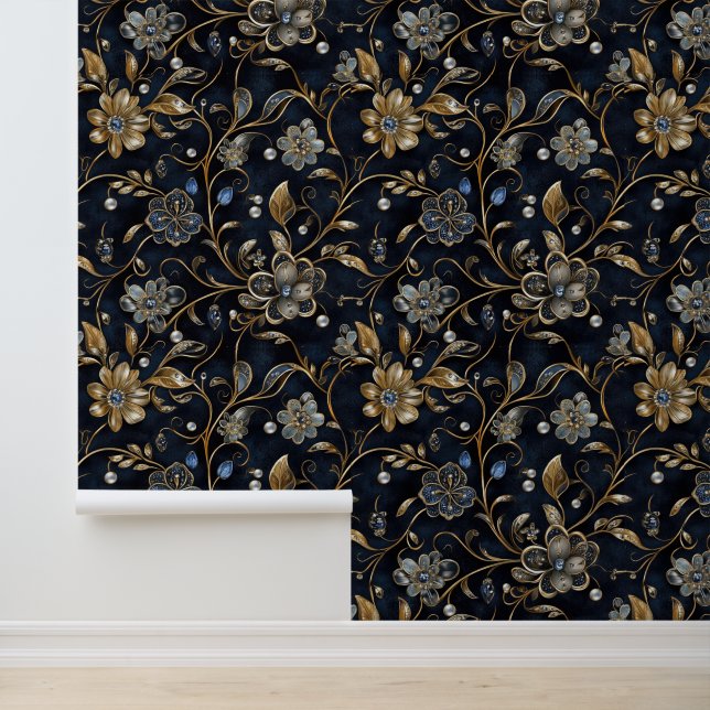 Vintage Luxe Midnight Floral Wallpaper (Application)