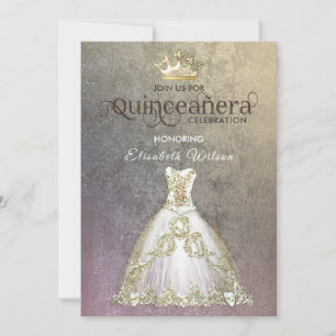 Vintage luxury dress gold tiara Quinceañera Invit Invitation