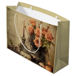 Vintage Macabre Roses Skulls Sepia Large Gift Bag