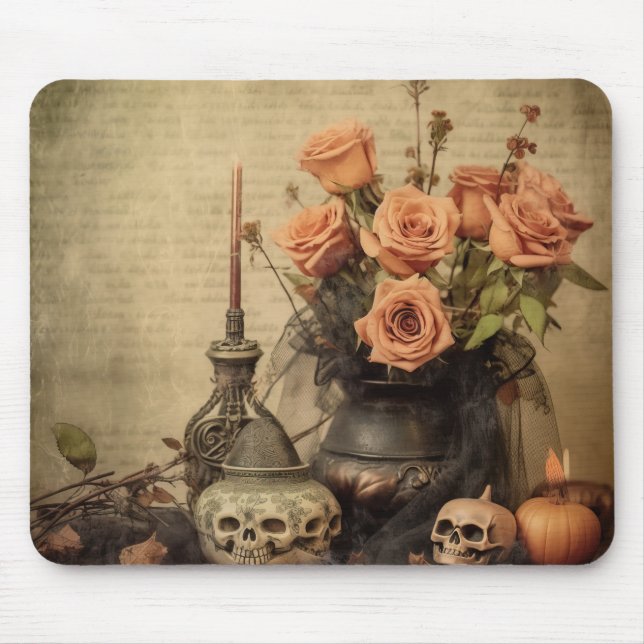 Vintage Macabre Roses Skulls Sepia Mouse Pad (Front)