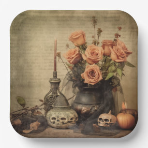 Vintage Macabre Roses Skulls Sepia Paper Plate