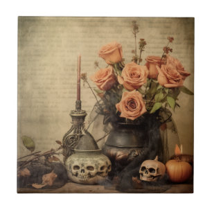 Vintage Macabre Roses Skulls Sepia Tile