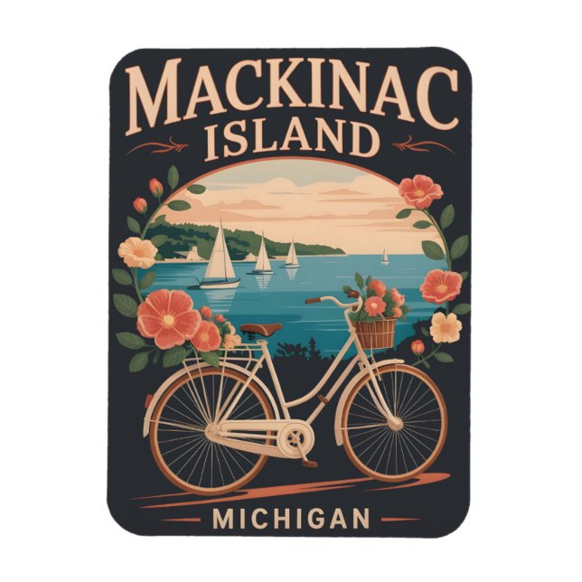Vintage Mackinac Island Michigan with bike Flowers Magnet (Vertical)