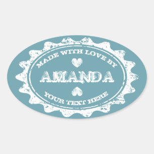 Vintage Made with love DIY teal blue oval stickers