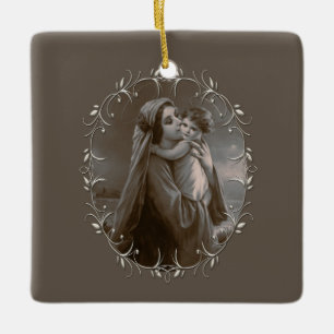 Vintage Madonna and Child with Silver Frame Ceramic Ornament