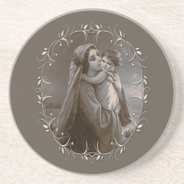 Vintage Madonna and Child with Silver Frame Coaster (Front)
