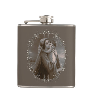 Vintage Madonna and Child with Silver Frame Hip Flask