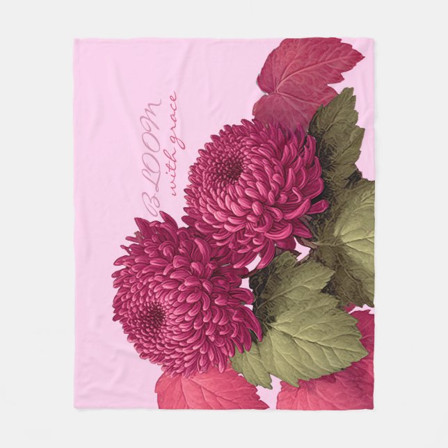 Vintage Magenta Chrysanthemum Botanical Fleece Blanket (Front)