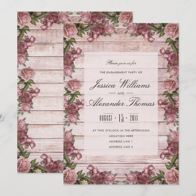 Vintage Magenta Rose Bloom Engagement Invitation (Front/Back)