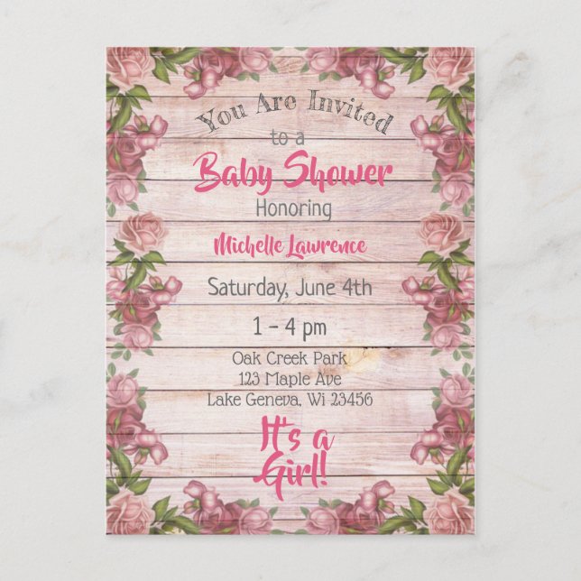 Vintage Magenta Roses Distressed Wood Baby Shower Postcard (Front)