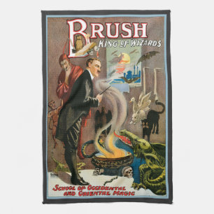 Vintage Magic Poster, Brush, King of Wizards Tea Towel