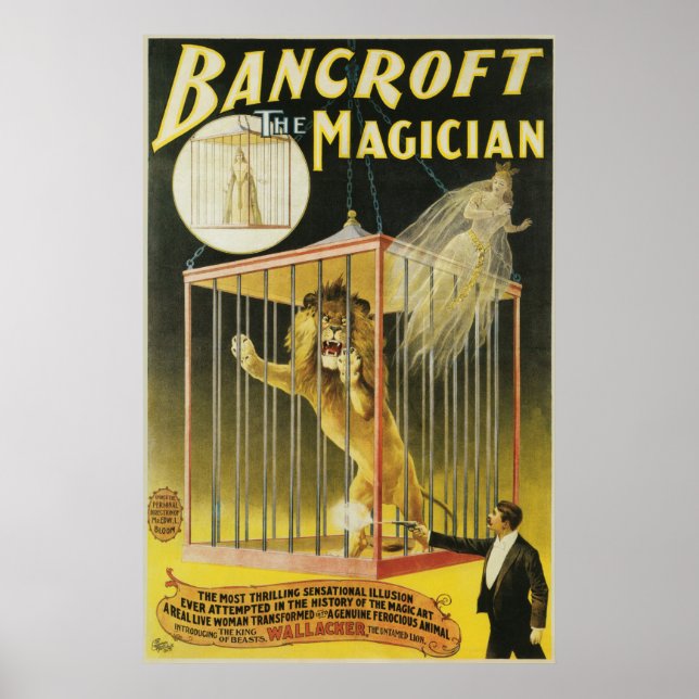Vintage Magic Poster, Magician Bancroft and Lion Poster (Front)