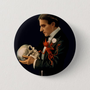 Vintage Magician, Thurston Holding a Human Skull 6 Cm Round Badge