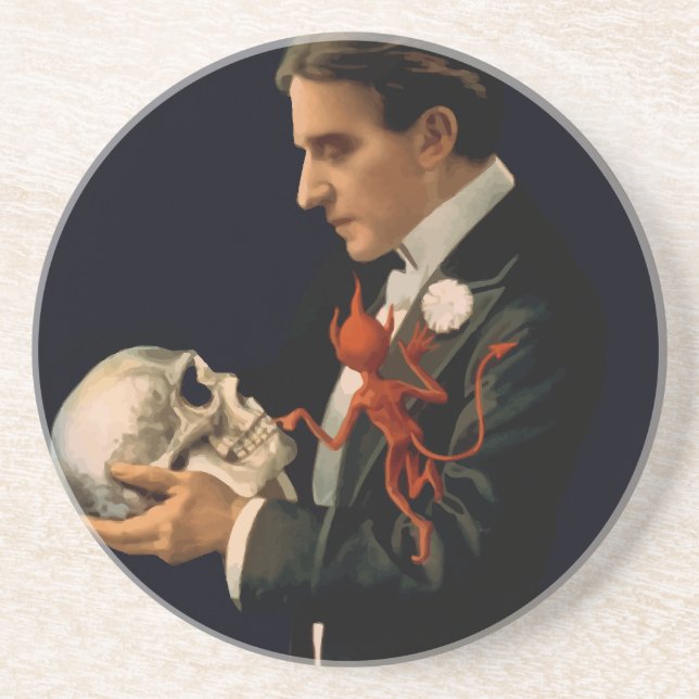 Vintage Magician, Thurston Holding a Human Skull Coaster (Front)