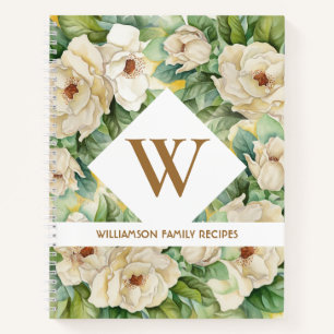 Vintage Magnolia Floral Monogram Family Recipe Notebook