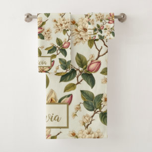 Vintage Magnolia Flower Blossom Leave Pattern Bath Towel Set