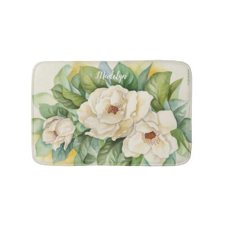 Vintage Magnolia Personalize Floral Watercolor Bath Mat