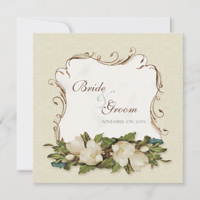 Vintage Magnolia Swirls Damask Wedding Invite (Front)